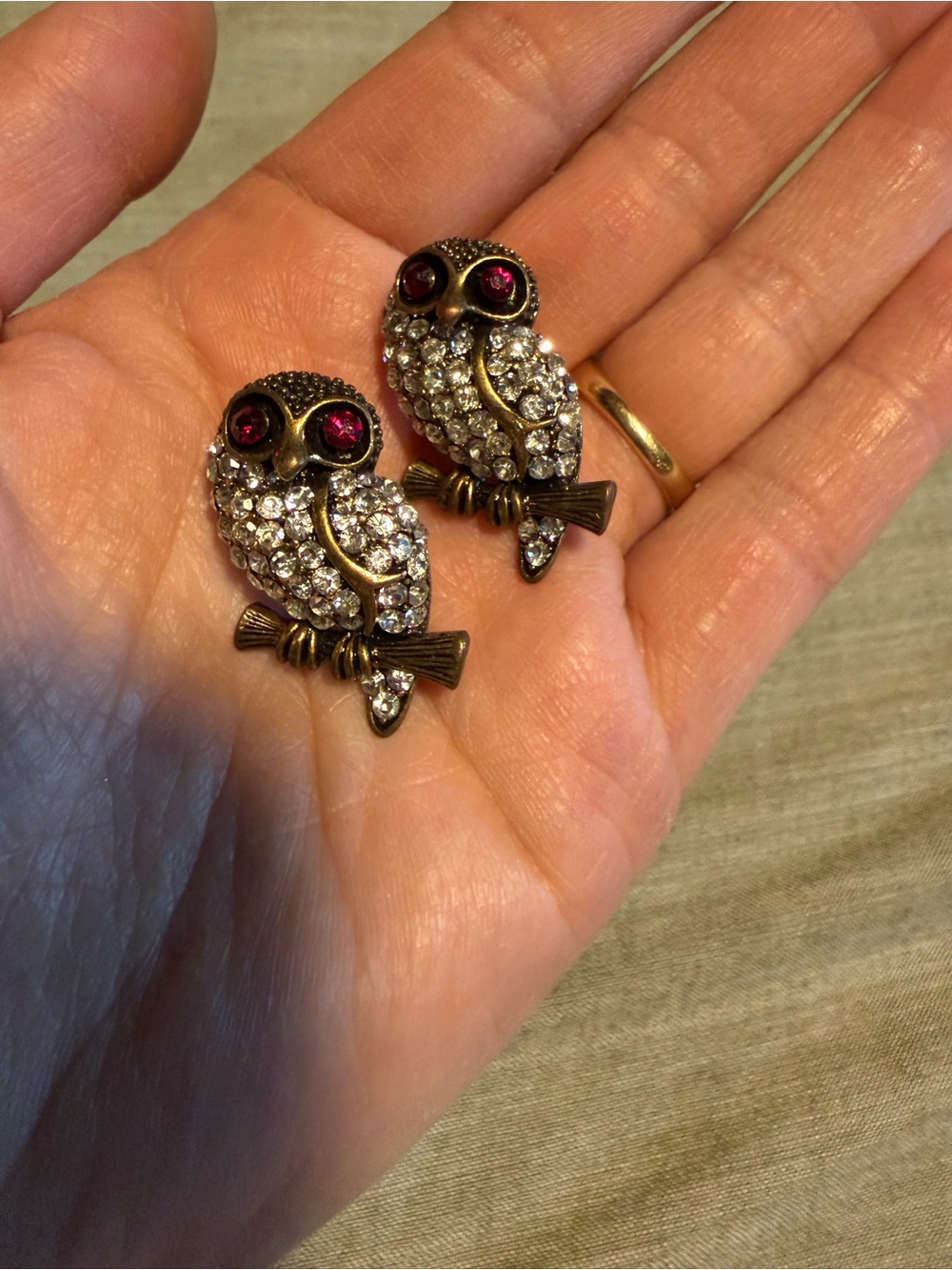 Rhinestone Owl Stud Earrings with Ruby Accent Eyes - Women Jewelry